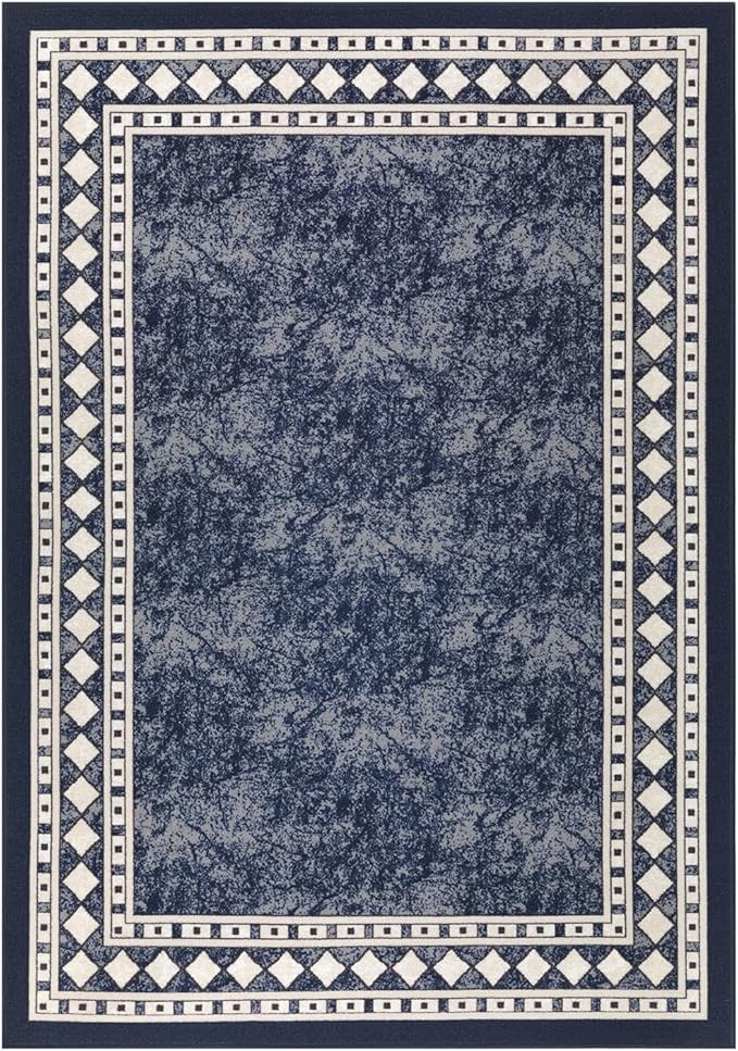 Antep Rugs Alfombras Modern Bordered 8x10 Non-Skid (Non-Slip) Low Profile Pile Rubber Backing Indoor Area Rugs (Navy Blue, 7'10" x 10')