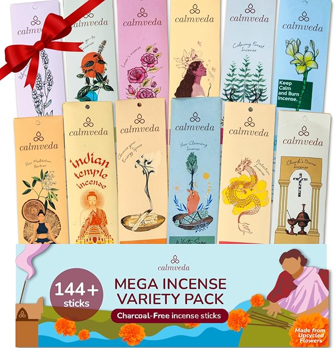 Natural Incense Sticks Mega - Variety Pack (144 Insence-Sticks Bulk, 12 Aromas) Clean No Charcoal, Made from Upcycled Flowers | Organic Incense Stick Non Toxic (Slow Burn, Longlast)