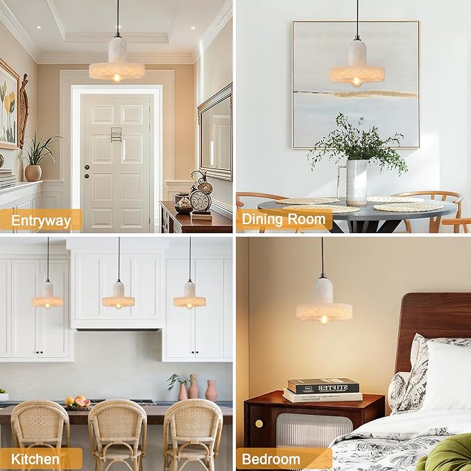Alabaster Pendant Light for Kitchen Island, H-9.5in Modern Black Hanging Light Fixture with Natural Alabaster Stone Shade, Adjustable Pendant Lighting Over Sink, Dining, Bar, Counter - 3 Pack