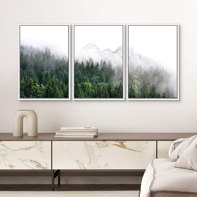 SIGNWIN Framed Canvas Print Wall Art Set Winter Mountain Misty Forest View Nature Wilderness Photography Modern Art Rustic Landscape Relax/Calm for Living Room, Bedroom, Office - 24"x36"x3 White