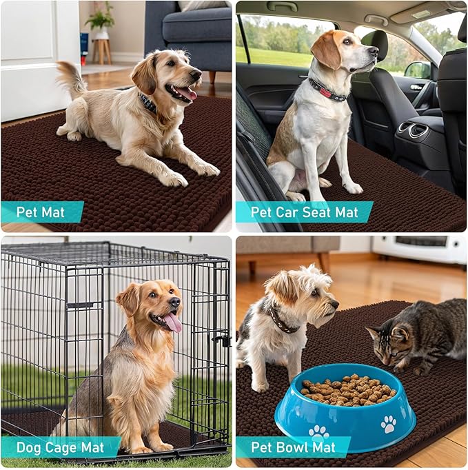 OLANLY Dog Door Mat for Muddy Paws 32x20, Absorbs Moisture and Dirt, Absorbent Non-Slip Washable Doormat, Quick Dry Chenille Mud Mat for Dogs, Entry Indoor Entryway Carpet for Inside Floor, Brown