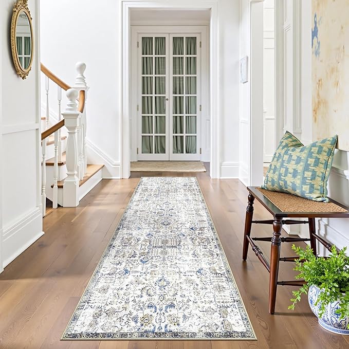 jinchan Kalen Runner Rug 2x10 Washable Hallway Rug Vintage Runner Indoor Floor Cover Thin Retro Distressed Floral Country Non Slip Carpet for Entryway Bathroom Bedroom Living Room Stairway Blue
