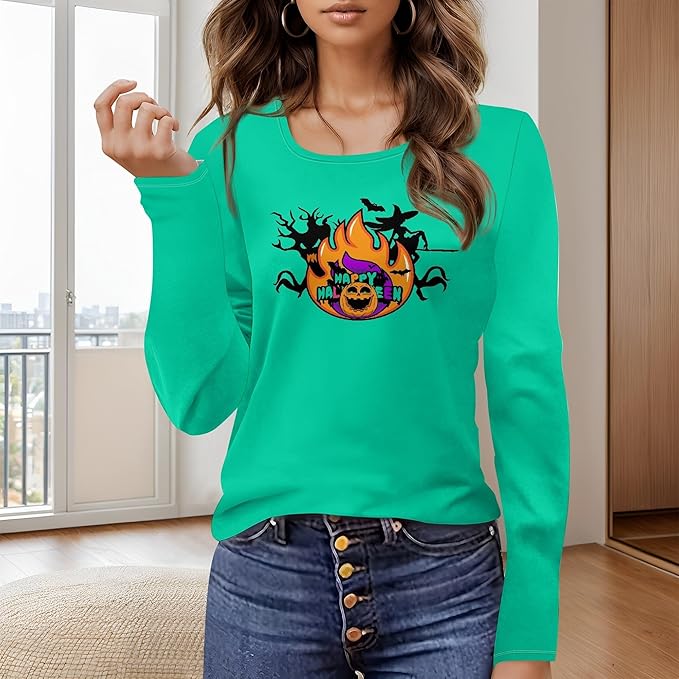 Halloween Sweatshirt Ghost Graphic U-Neck Sweatshirt Long Sleeve Breathable Plus Size Halloween Pullover Best Gift