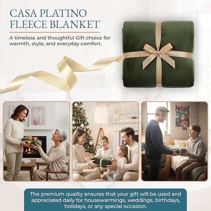 Casa Platino Queen Blanket – Soft Fleece Throw 90x90 for Bed or Couch – Lightweight, Cozy and Breathable Flannel for Everyday Use – Olive Green