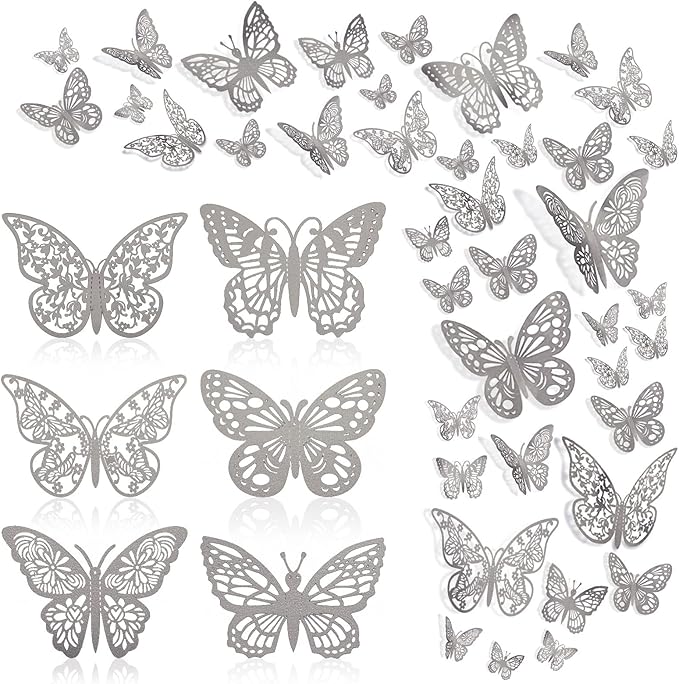 144 Pcs 3D Butterfly Wall Stickers Decor 6 Styles 3 Sizes, Silver Removable Butterfly Decals Room Wall Decor for Kids Nursery Classroom, Wedding, Party, Baby Shower