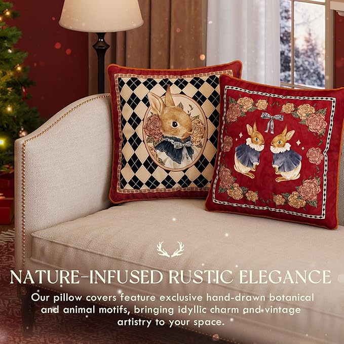 Grandmillennial Checkered Pillow Cover, Velvet Euro Sham Covers Decorative Throw Pillow Covers 18x18 for Couch Sofa Bed Living Room, Christmas & Holiday