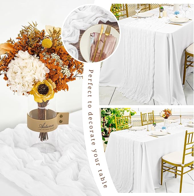12 Pack White Cheesecloth Table Runner,10FT Gauze Boho Long Christmas Cheesecloth Tablerunners 20x120inch Rustic Cheese Cloth Table Runners for Wedding Party Bridal Shower,Table Decorationsa