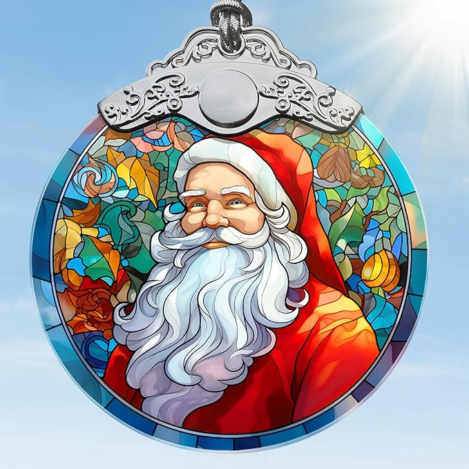 Santa Christmas Ornament, Jocidea Stained Glass Ornaments for Christmas Tree, Christmas Tree Decorations, Santa Gift, Holiday Decor and Xmas Gifts Ideas