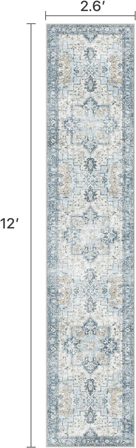 Runner Rug 2'6''x12, Non Slip Vintage Machine Washable Hallway Runner Rugs, Low Pile Lightweight Mat for Hallway, Entryway, Bedroom, Kitchen and Corridor, Blue