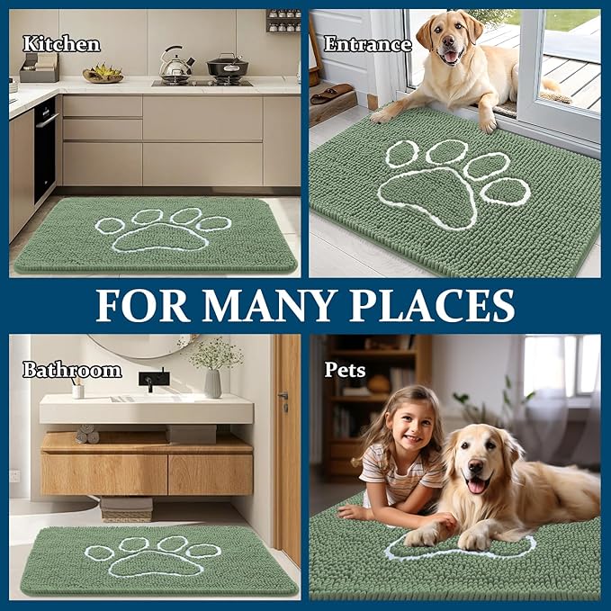 OLANLY Dog Door Mat for Muddy Paws 30x20, Paw Print Design, Absorbs Moisture and Dirt, Non-Slip Washable Doormat, Quick Dry Chenille Mud Mat, Entry Indoor Entryway Carpet, Olive Green and White