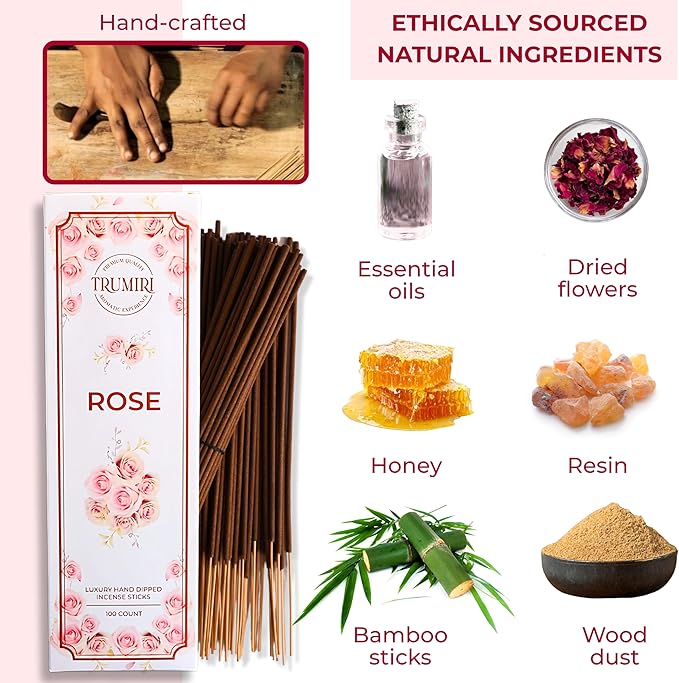 Rose Incense Sticks - Pack of 100 Insence-Sticks - Inciensos Aromaticos Made with Natural Rose Essential Oil - Scented Inscents Non Toxic Insense