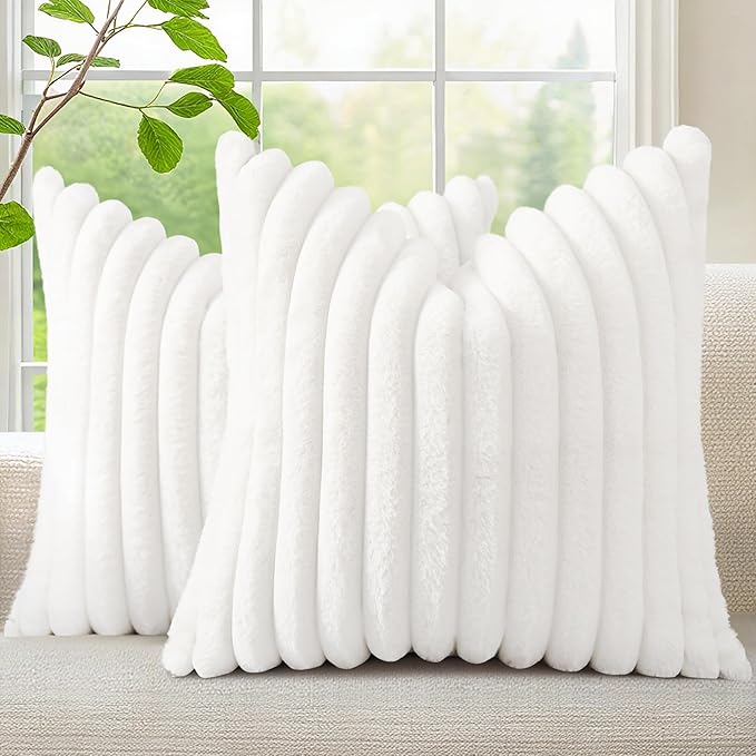 decorUhome Faux Fur Christmas Throw Pillow Covers 16x16 Set of 2, Decorative Soft Plush Striped Neutral Couch Euro Pillow Covers with Velvet Back for Sofa, Bed, Living Room Home Decor, White