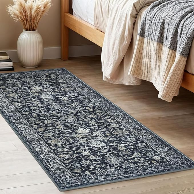 KILOCOCO Hallway Runner 2x5 Rug Runner Printed Vintage Floral Washable Kitchen Runners Non-slip Rubber Backed Runners for Hallways Laundry Room Distressed Boho Rugs for Entryway Bedroom, Navy/Charcoal