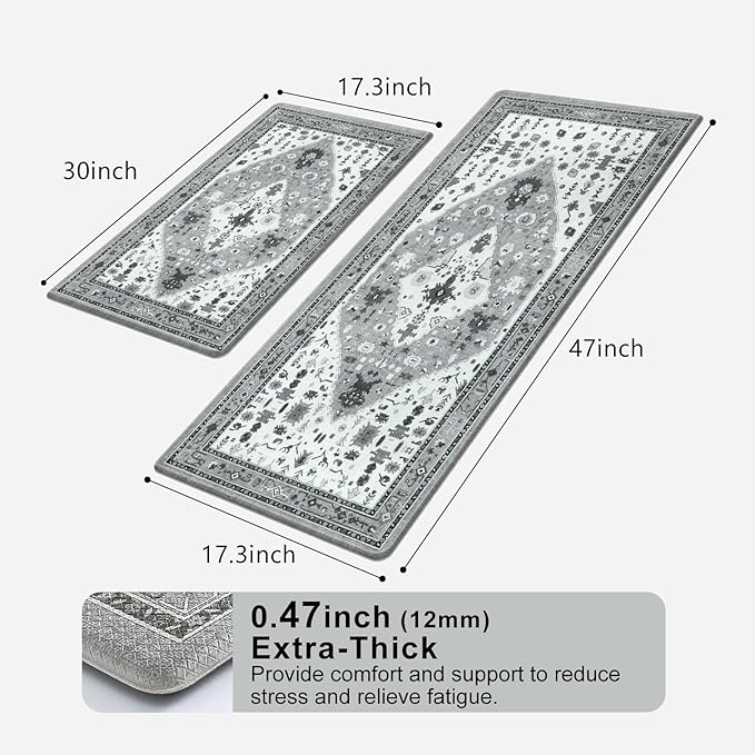 Collive Boho Kitchen Rugs and Mats 2PCS, Cushioned Anti Fatigue Kitchen Mats for Floor Waterproof Non Slip Comfort Foam Standing Mat for Kitchen,Office,Sink,Laundry,17x30+17x47
