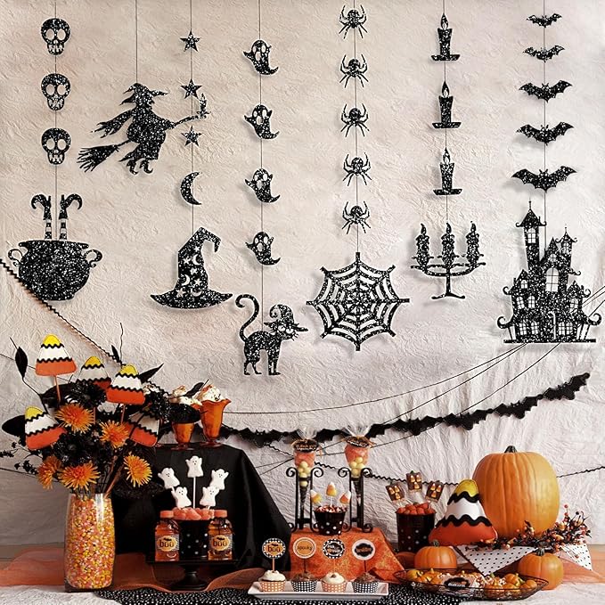 Glitter Black Halloween Hanging Banner Garland Decorations - Ghosts, Witches, Bats, Spiders, Haunted House, Cat and More - Indoor/Outdoor Party Supplies for Gothic Birthday, Home, Office, Classroom