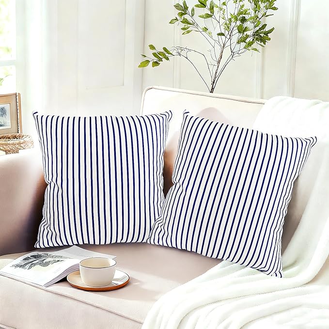 Decorative Throw Pillow Covers Set of 2 Blue Striped Pillow Covers 18x18 Inch Throw Pillow Cover Linen Pillowcase Modern Farmhouse Outdoor Pillow Covers for Couch Sofa Bed Living Room