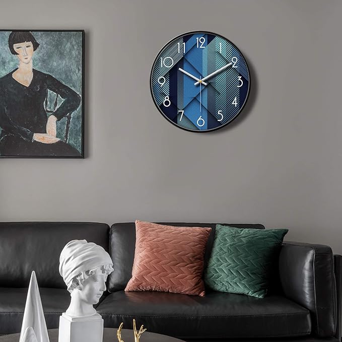 Modern Wall Clocks Battery Operated Blue Wall Analog Silent Clock Large Display Minimalist Round Quiet Non-ticking Cool Unique Wall Clocks for Living Room Bedroom Kitchen Office Bathroom Decor 14inch