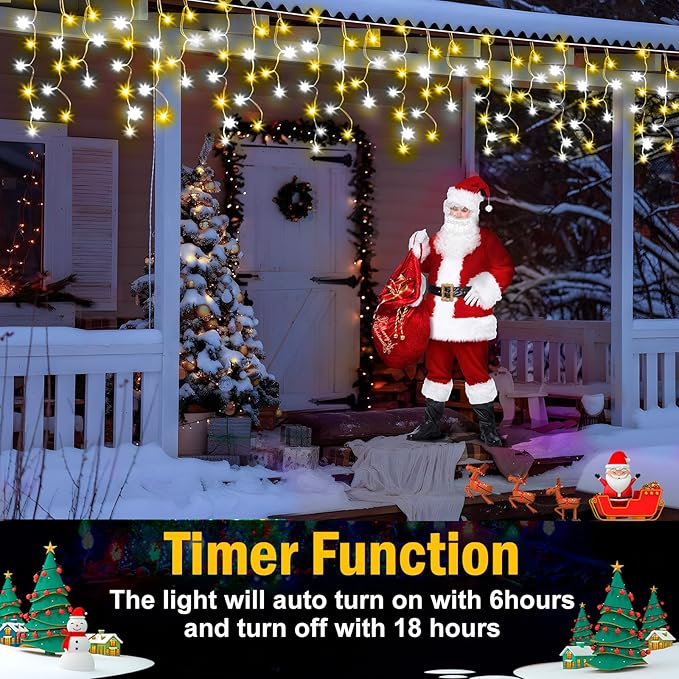 Christmas Lights Outdoor, 2 Pack Total 98FT 960 LED Ice Lights for Outside with 180 Drops 8 Modes Timer Memory, Plug in Waterproof for Holiday Eaves Yard Roof Party Decor (Cool White and Warm White)