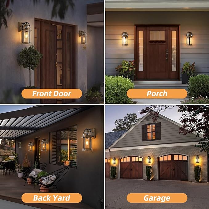 OKELI Dusk to Dawn Outdoor Wall Lights, Waterproof Lighting Fixtures Rustic Farmhouse Wall Lanterns with Clear Glass Shades Anti-Rust Outside Lights for Garage Patio Porch(Wood Grain, 1 Pack)