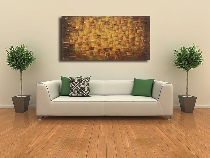 MyArton Textured Abstract Squares Canvas Wall Art Hand Painted Modern Golden Yellow Oil Painting for Decoration Ready to Hang 48x24inch