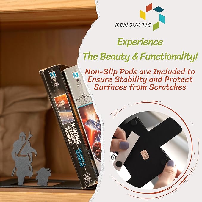 Renovatio Black Metal Bookend – Cute, Unique, Geeky Decor for Home, Office & Kids Room – Heavy Duty, Non-Slip Minimalist Bookends for Shelves – Mercenary & Baby