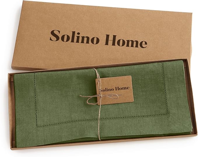 Solino Home Linen Olive Table Runner 132 Inches Long - 100% Pure Linen Extra Long Table Runner 14 x 132 Inch for St Patricks Day - Classic Hemstitch