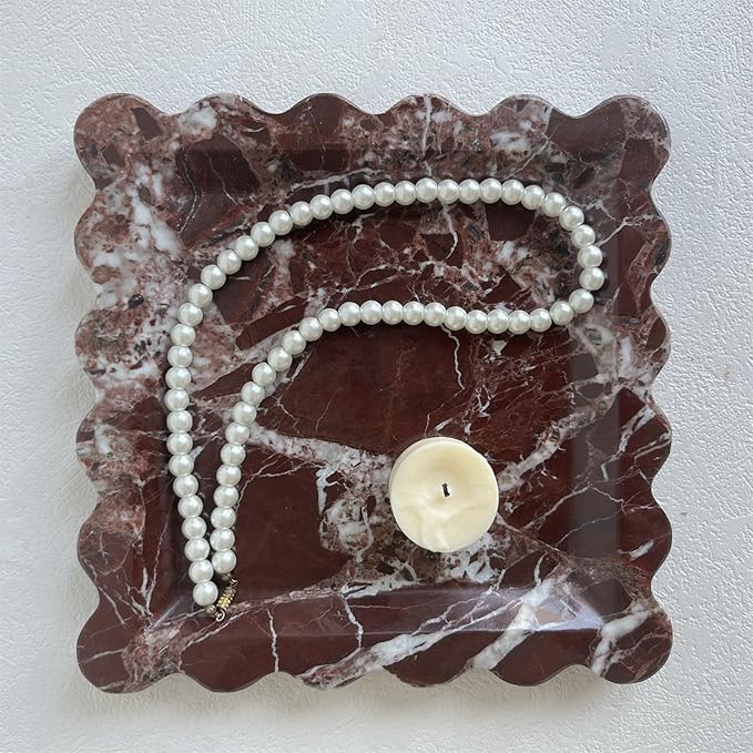 Vintage Natural Marble Tray Small Ornaments Scalloped Tray Handmade Storage Dish for Counter, Vanity, Dresser, Nightstand and Desk (Rosa Levanto)