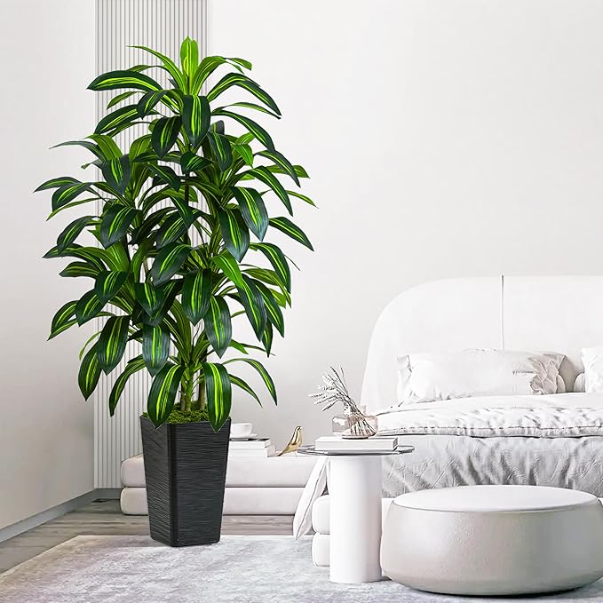 Artificial Dracaena Plant 5FT Tall - Fake Tree with Black Planter - Faux Yucca Tall Fake Floor Plant in Pot - Artificial Trees for Home Bedroom Office Indoor Living Room Decoration