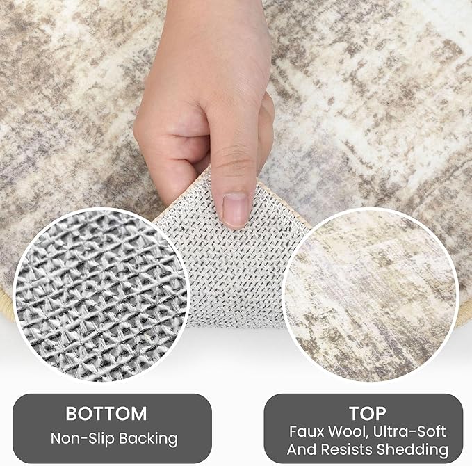 IOHOUZE Round Area Rug 5 Ft Circle Entryway Rugs Round Washable Door Mat Indoor Entrance, Non Slip Circle Front Door Rug, Printed Abstract Faux Wool Floor Carpet for Foyer Porch Sink, Beige Brown