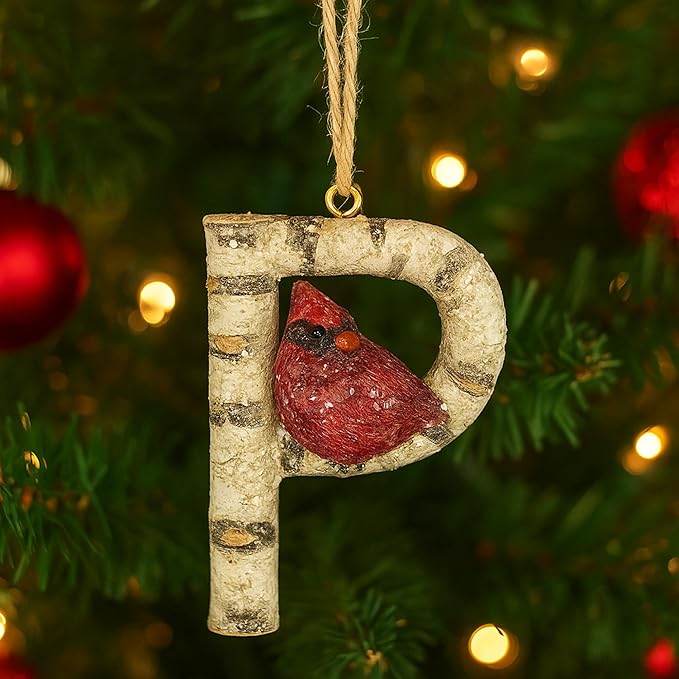 Rustic Cardinal Initial Letter Christmas Ornament – Birch Wood Look Hanging Alphabet Monogram Decoration for Holiday Tree & Winter Home Décor (P)