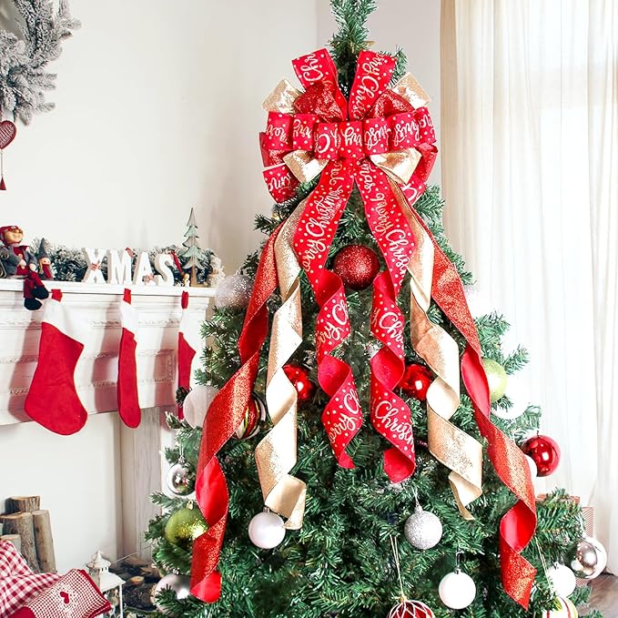 Christmas Tree Topper Christmas Wreath Bow 45"x12" Large Christmas Toppers Bow with Letter Patterned for Xmas Tree Rustic Farmhouse Home Holiday Party Decorations Red
