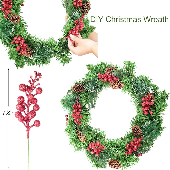 Lvydec 16pcs Christmas Glitter Berries Stems Clearance, 7.8" Artificial Christmas Picks for Christmas Tree Ornaments, DIY Xmas Wreath, Crafts, Holiday and Home Decor (Red)