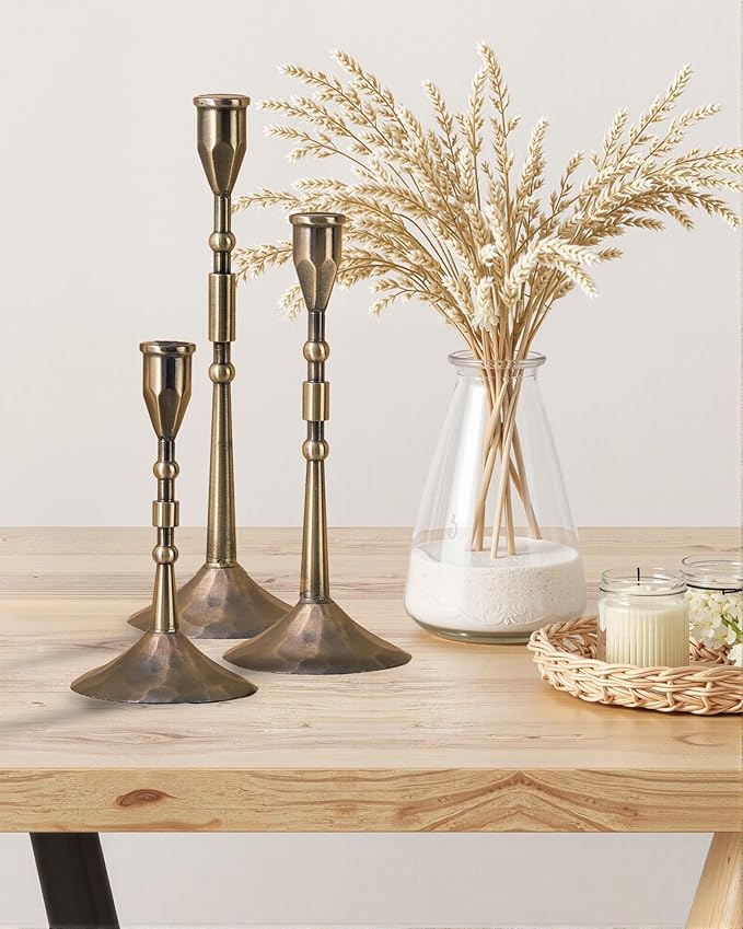 Vintage Taper Candle Holders Set | Handmade 3-Piece Candlestick Decor for Table Centerpiece, Farmhouse Kitchen & Party Lighting (Bronze)