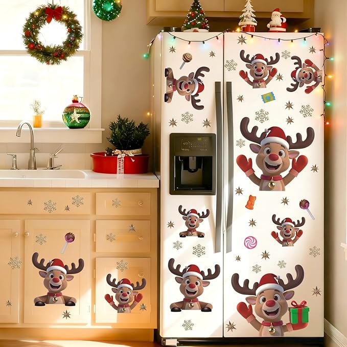 Christmas Window Clings Reindeer, Xmas Elk Wall Decals, Christmas Reindeer Wall Stickers, Xmas Snowflake Window Stickers, Xmas Candy Giftbox Wallpaper for Party Home Living Room Bedroom
