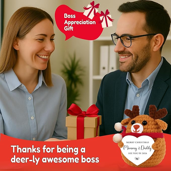 Christmas Boss Gifts for Boss Women Men, Deer Boss Gifts Appreciation, You’re a Deer-ly Awesome Boss, Funny Mini Crochet Deer with Card, Office Desk Decor, White Elephant Stocking Stuffers