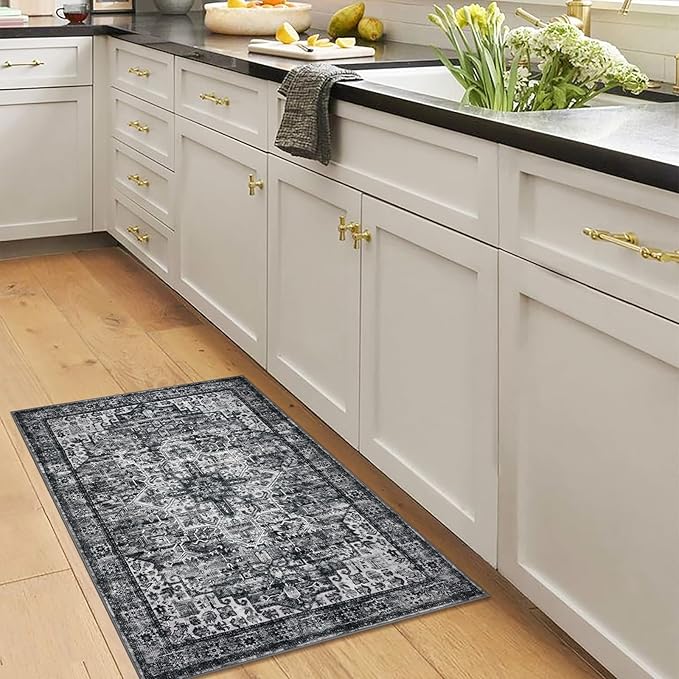 2x3 Washable Rug for Entryway, Moss Charcoal Soft Traditional Printed Area Rug with Non-Slip Kitchen Rugs, Low-Pile Medallion Indoor Door Mat, Small Carpet for Entrance Kitchen Foyer