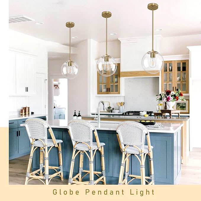 10 Inch Globe Pendant Light Gold Mid Century Pendant Light Adjustable Hanging Light Fixture Globe Pendant Lights Kitchen Island Clear Glass with Brass Finish for Dining Room