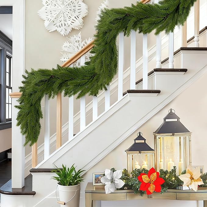 2Pcs 6Ft Norfolk Pine Garlands Realistic,Real Touch Winter Xmas Garland with 144Tips,Christmas Decorations Indoor Outdoor,Artificial Holiday Decor Faux Greenery for Mantle,Fireplace, Table