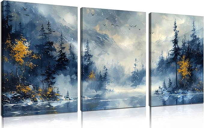 SIXTTART Forest Pictures Wall Art for Office - Modern Blue Canvas Art Wall Decor for Living Room - 3 Piece Wall Art for Bedroom Size 12" x 16"