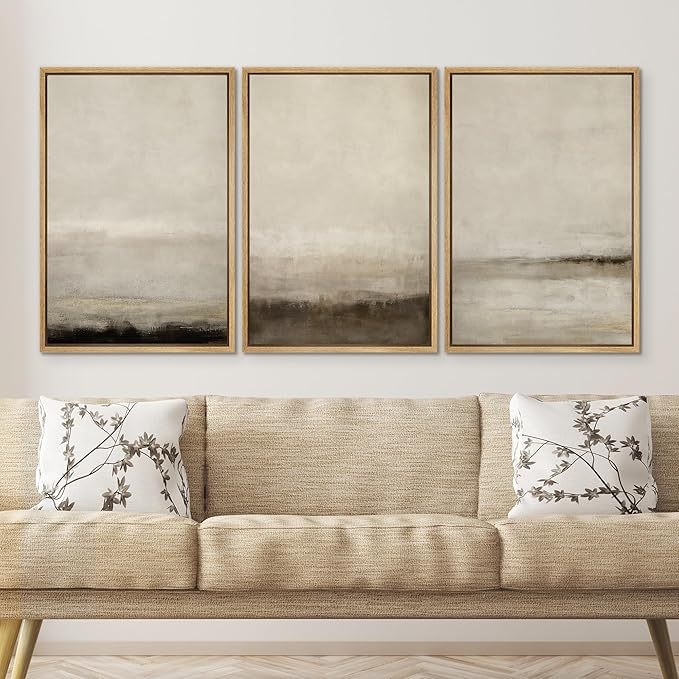 SIGNWIN Framed Canvas Print Wall Art Set Misty Horizons Tranquil Scenery in Monochrome Abstract Modern Art Bohemian Decorative for Living Room, Bedroom, Office - 24"x36"x3 Natural