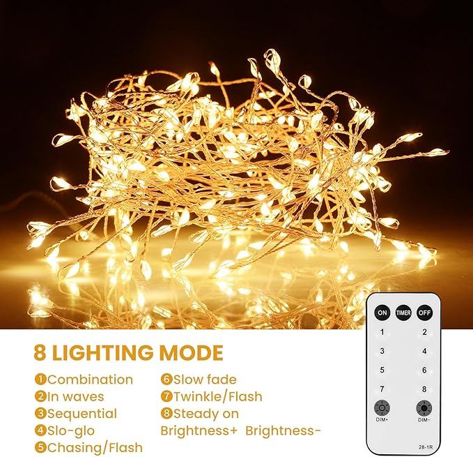Dailyart 300 LED Fairy Lights with Remote, Warm White, 8 Modes, Plug in, Waterproof, Christmas Decoration, 10ft