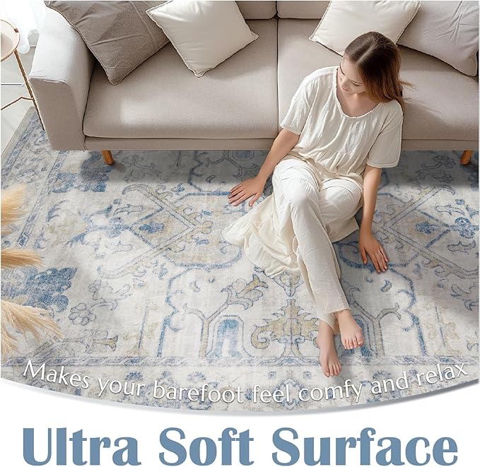 jinchan 2x3 Washable Rug for Entryway - Vintage Floral Ultra-Thin Low Pile Soft Small Non-Slip Distressed Indoor Doormat Accent Rug for Entrance Kitchen Bathroom Bedroom (2x3ft, Blue)