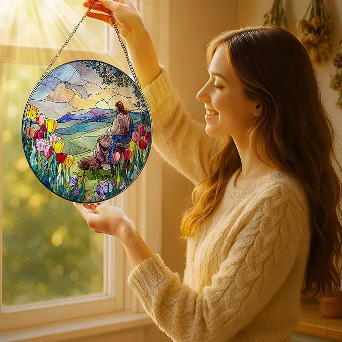 Stained Glass Suncatcher, Jesus and Sunrise Sun Catcher Ornament; Stained Glass Window Hanging, Christmas Ornament, Christian Home Decor; Baptism Gift, Christian Gifts, Religious Gifts