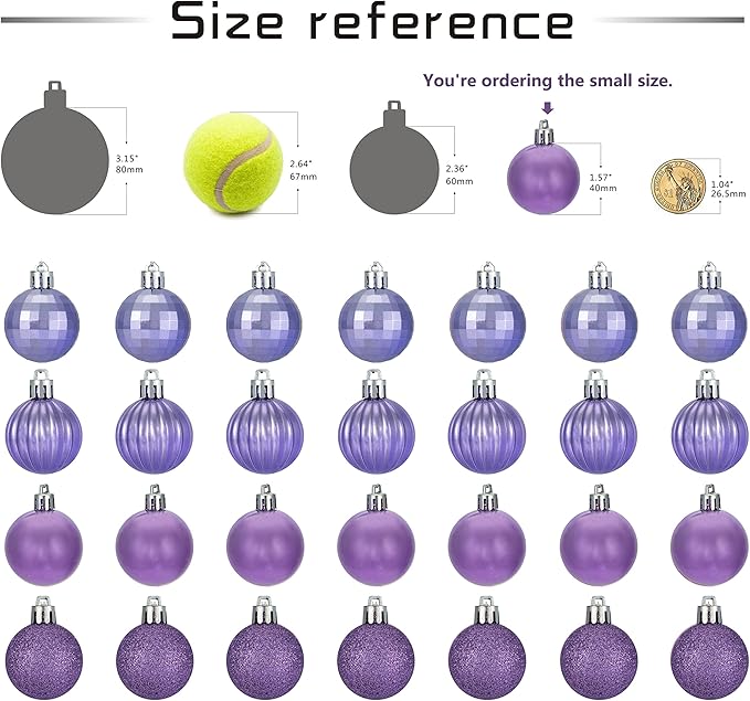 Small Size 28ct shatterproof Christmas Ball Ornaments in 4 Classic finishes for Christmas Tree Decoration (Lavender, 1.57“ Mini Size)