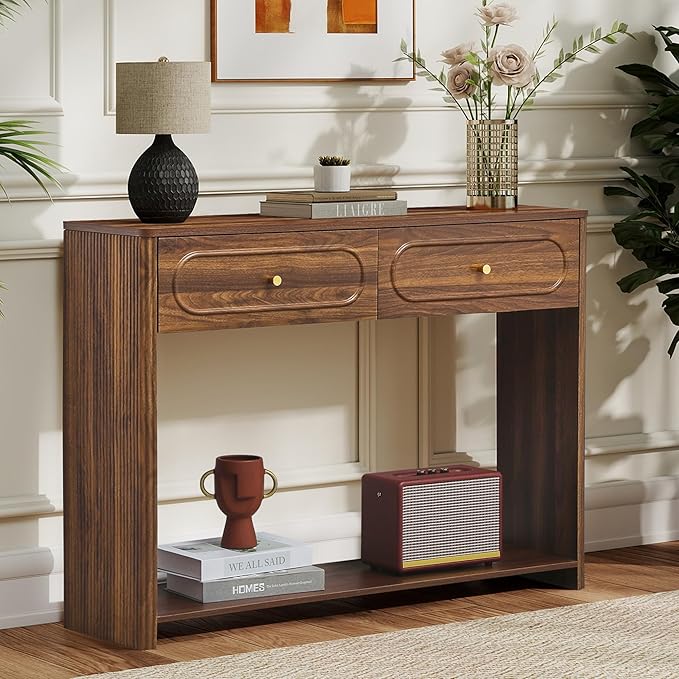 ORRD Fluted Console Table with Drawers, Mid-Century Narrow Entryway Table with Open Storage Shelves, Hallway Accent Tables Behind Couch Tables for Living Room (Walnut)
