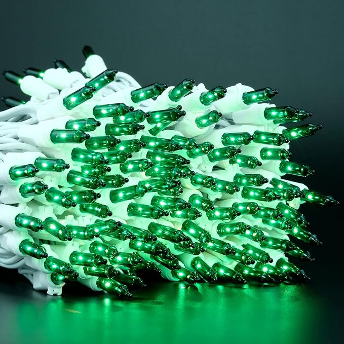 YULETIME 200 Green Christmas Lights, Pack of 2 Sets 33 Feet 100 Count UL Certified Incandescent String Lights (Green - White Wire)