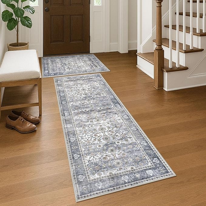 KUTA Vintage Floral Rugs for Entryway, 2PCS 2x3 and 2x6 Grey Blue Entrance Small Area Rug, Non-Slip Washable Ultra Thin Soft Hallway Runner Rug, Low-Pile Indoor Door Mat Floor Carpet
