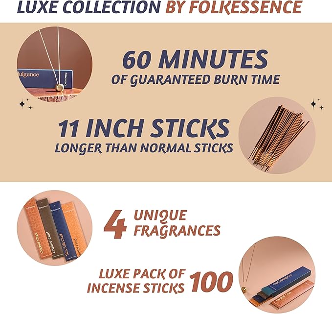 Folkulture Incense Stick with 60 Mins Burn Time for Gifting | Set of 4 (11") Organic Insenses | Pack of 100 Insence Sticks | Orchid, Leather Oud, Sea Salt, Santal Inciensos | Non Toxic Scented Insents