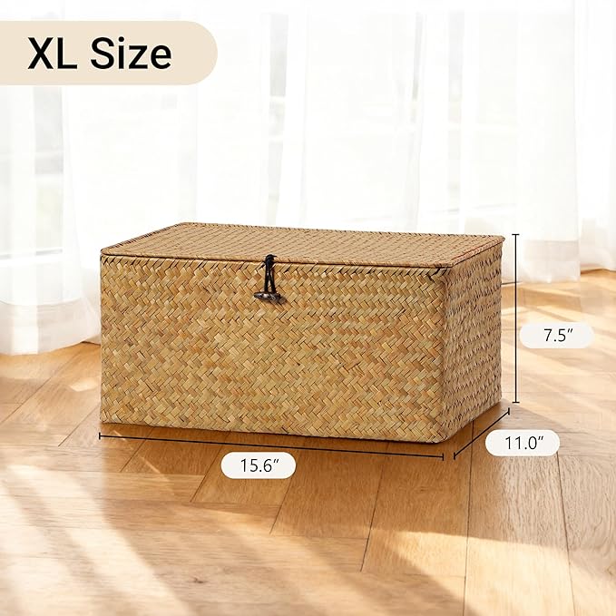 Nonam Seagrass Storage Large Basket with Lid,Wicker Basket Storage Bin with Lid for Shelves,Boho Decor,Handwoven Shelf Basket for Organizing-Storage Container Box for Home Organization-Natural