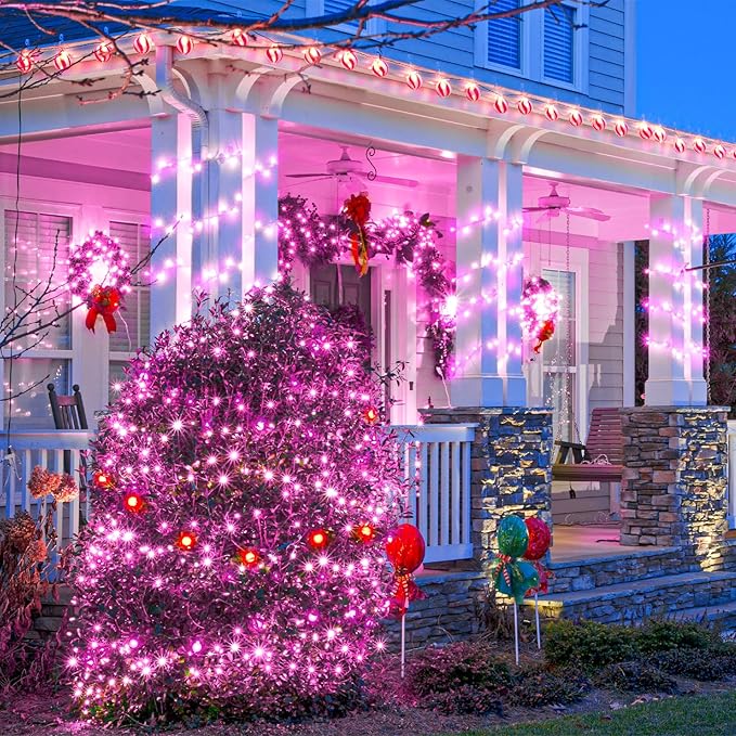 Pink Christmas Lights Outdoor, 100FT 300 LED Christmas Tree Lights with 8 Modes Waterproof, Plug in Connectable Christmas String Lights Green Wire for Indoor Patio Garden Xmas Love Party Decorations